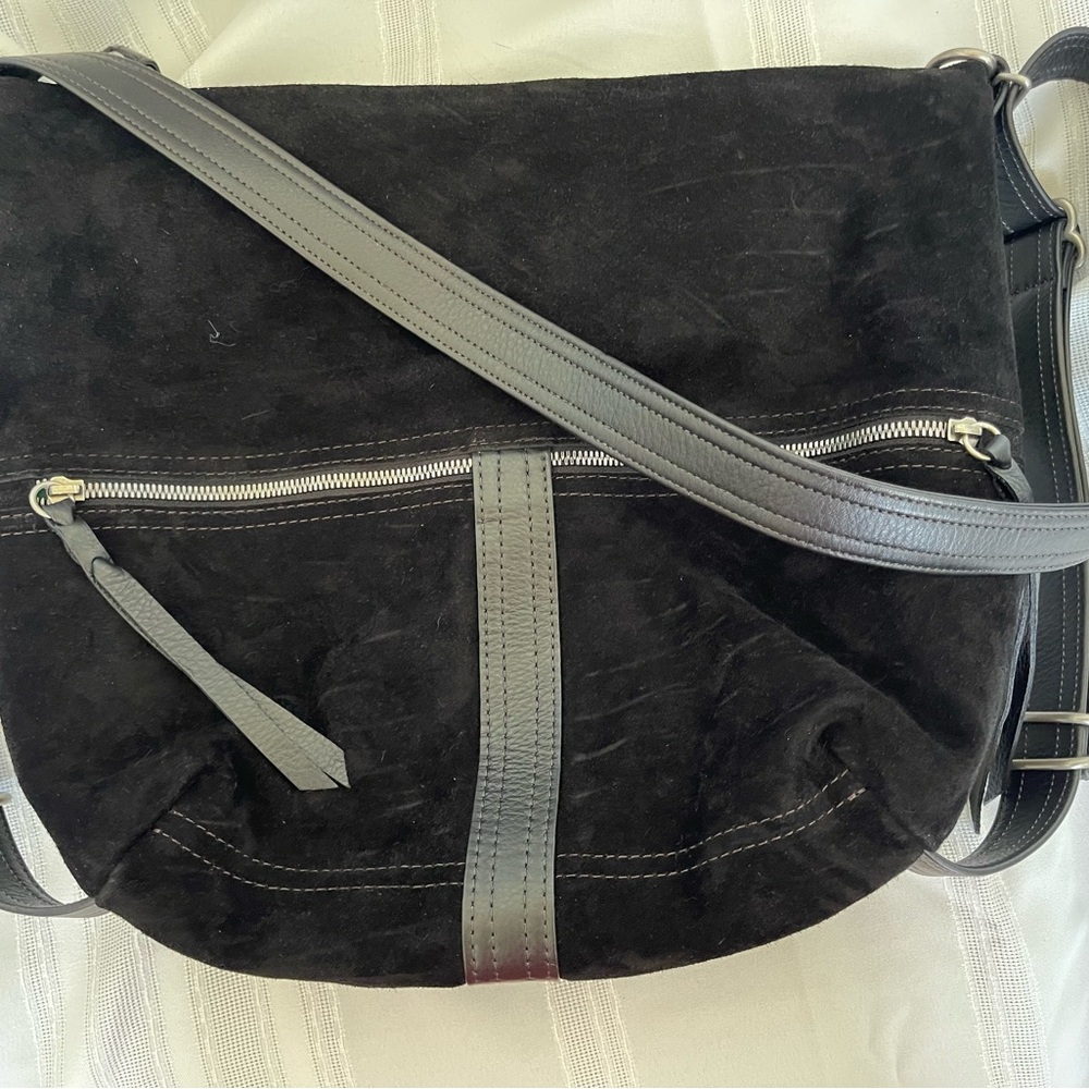 Black Suede Crossbody Bag with Gray Strap